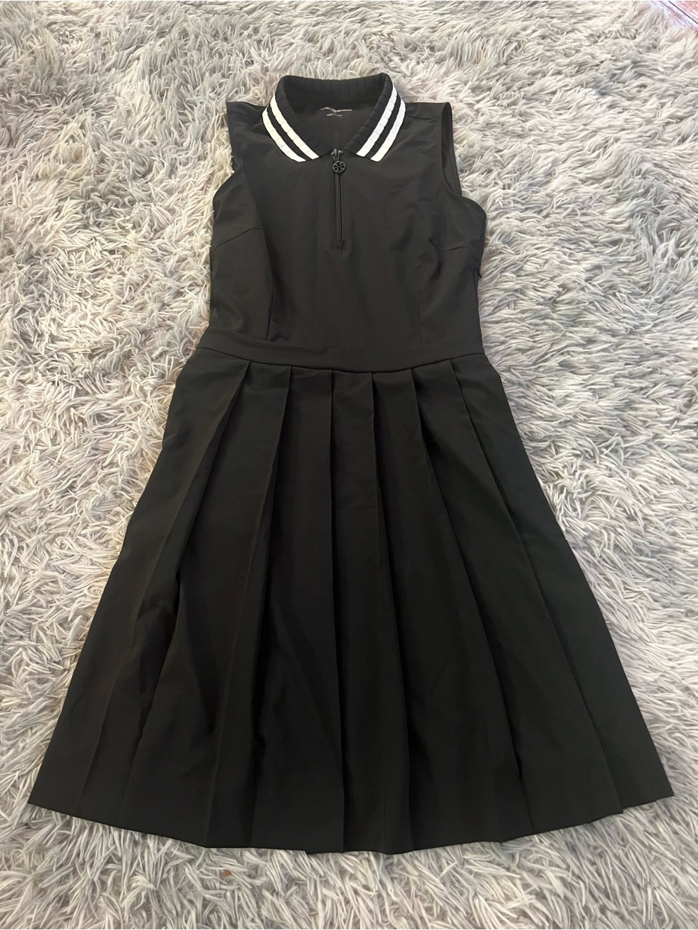 Tory Burch Black Pleated Polo Tennis Athletic Dress with White Stripe Collar: XS